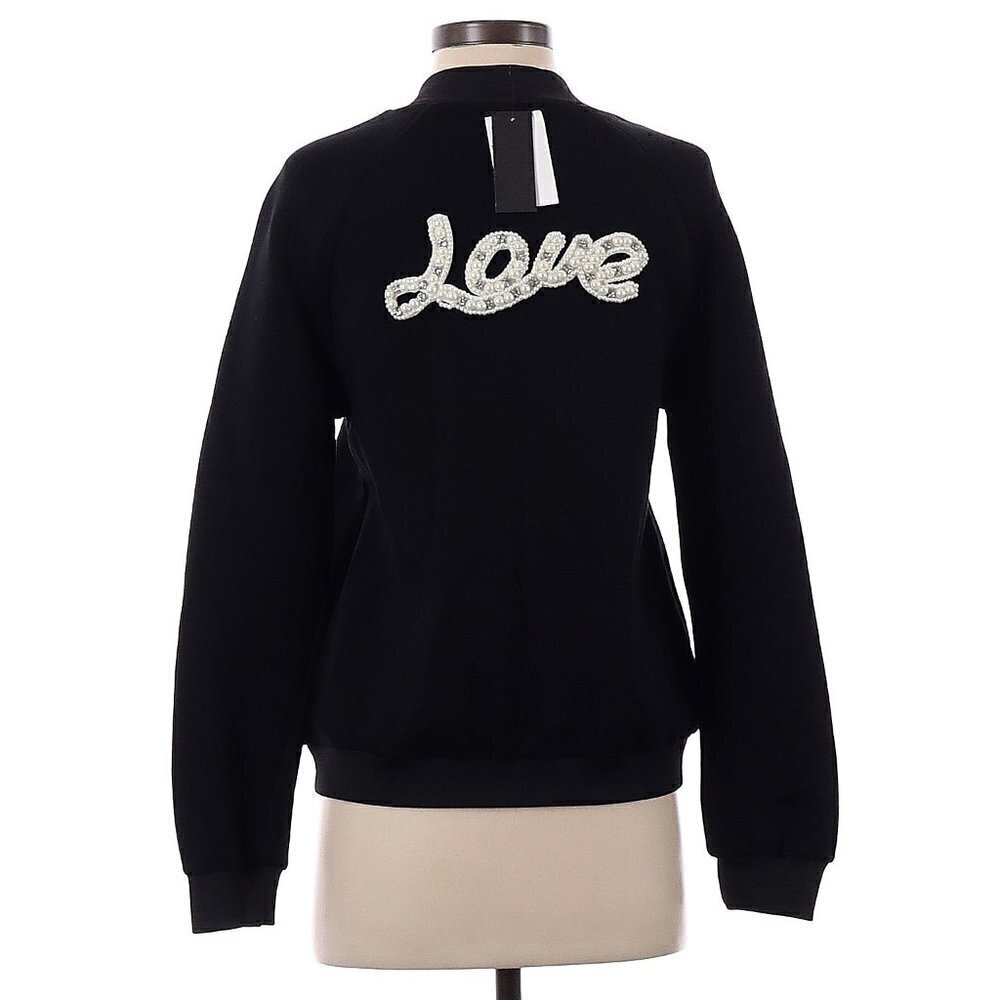 NWT Lea & Viola Black Soft Oversized Faux Pearl Embellished Bomber Jacket